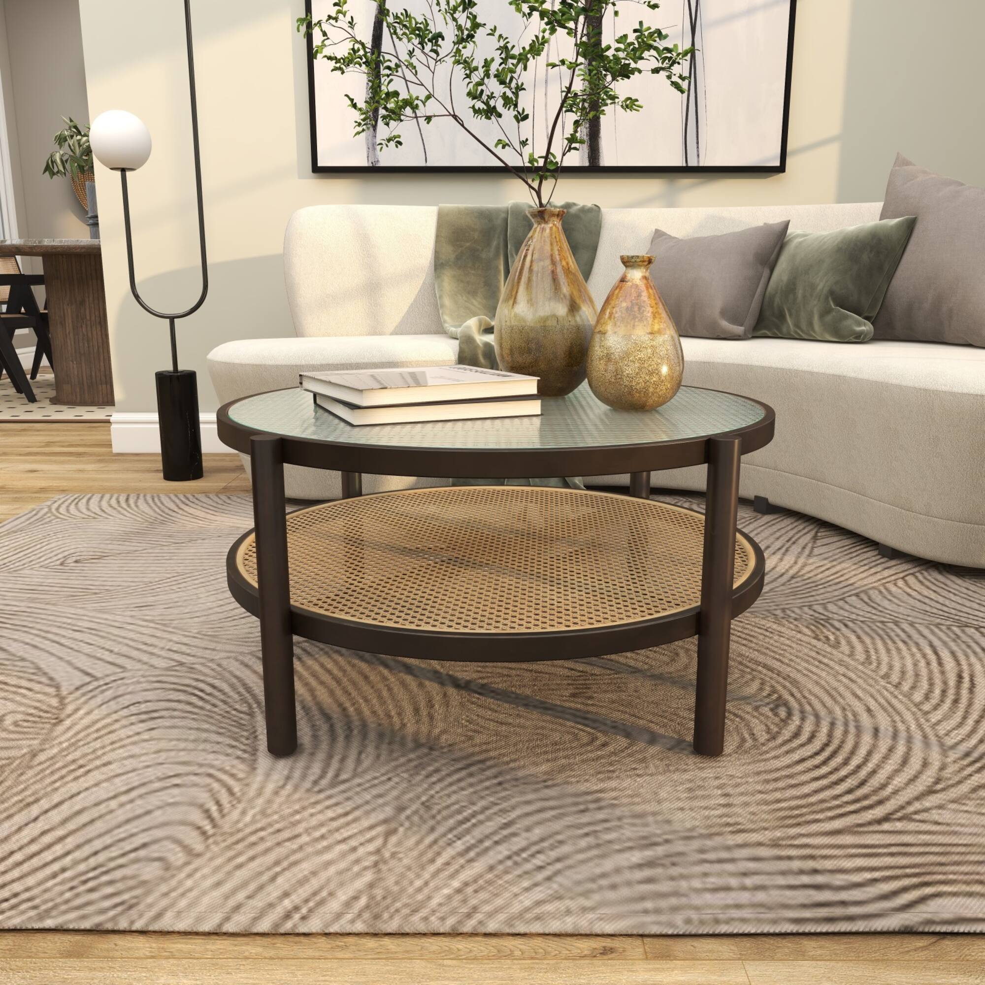 34" Brown Rattan Coffee Table with Pressed Tempered Glass Top